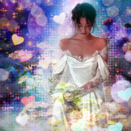 freetoedit model lady fantasy magical stardust shimmer cosmos prism glow luminous girl dress gown weddingdress lookingdown flowers ethereal brusheffect dots cloudy foggy love hearts romance
