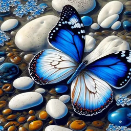 freetoedit water beach pebbles stones polishedstones butterfly bluebutterfly wallpaper background backdrop pattern scenery scene
